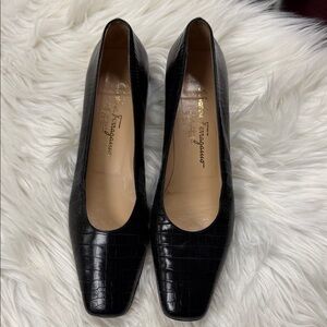 Salvatore Ferragamo Black Croc-Patterned Heels